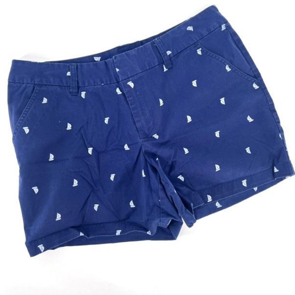 Le Tigre Women's Blue Mid-Rise‎ Zip-fly Boat Print Chino Shorts Size 14